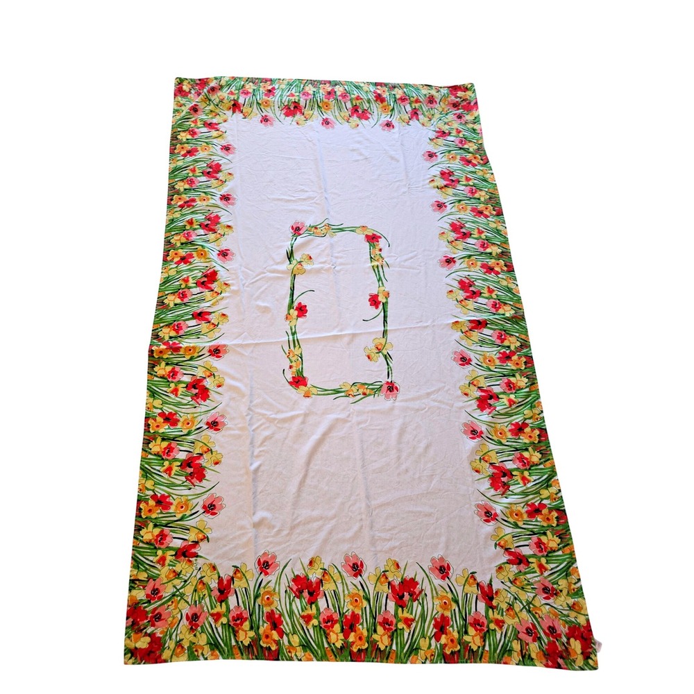 Vintage Vera Linen Tablecloth Floral Daffodil Tulip Print Rectangle 58x96‎